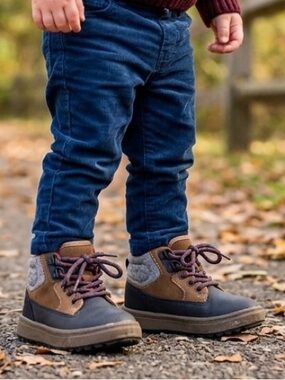 OshKosh dark blue/brown, grey back trim, laced unisex baby booties, 5M